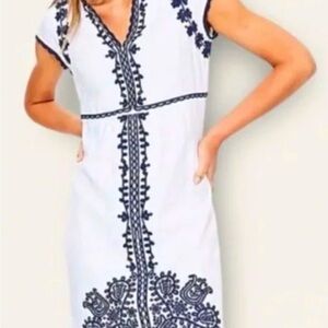 Boden White Linen Garment with Navy Embroidery